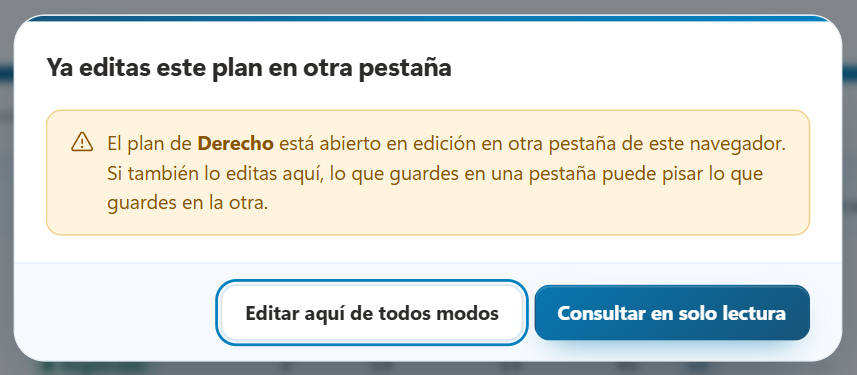 Diálogo Ya editas este plan en otra pestaña