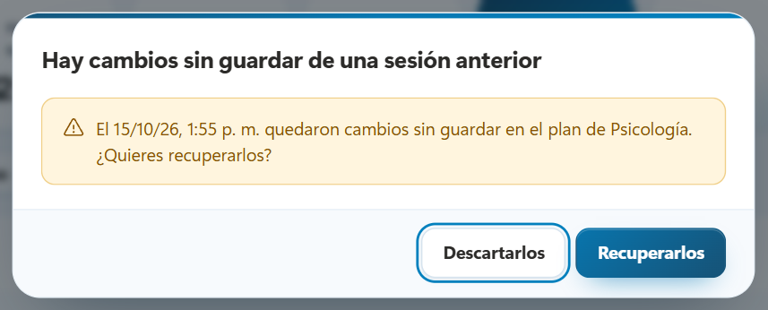 Diálogo Hay cambios sin guardar de una sesión anterior