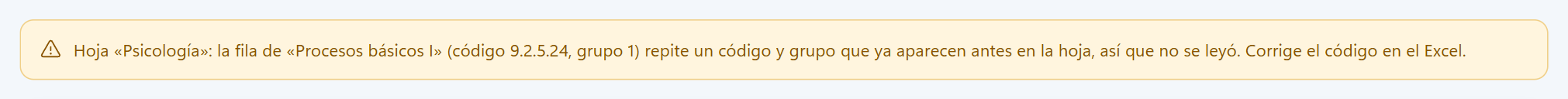 Aviso de fila repetida en la hoja Psicología