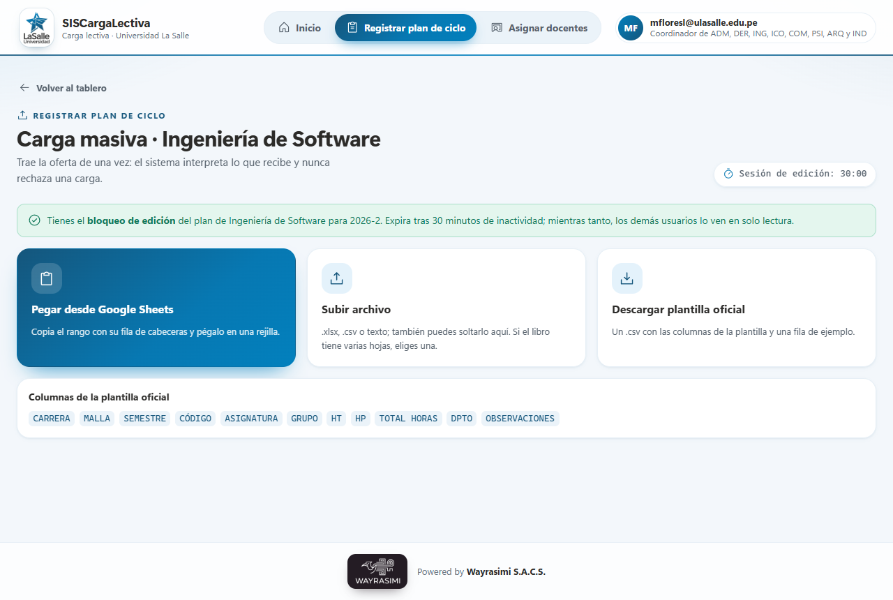 Pantalla Carga masiva con tres opciones