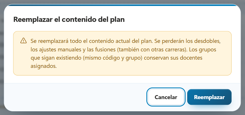 Diálogo Reemplazar el contenido del plan
