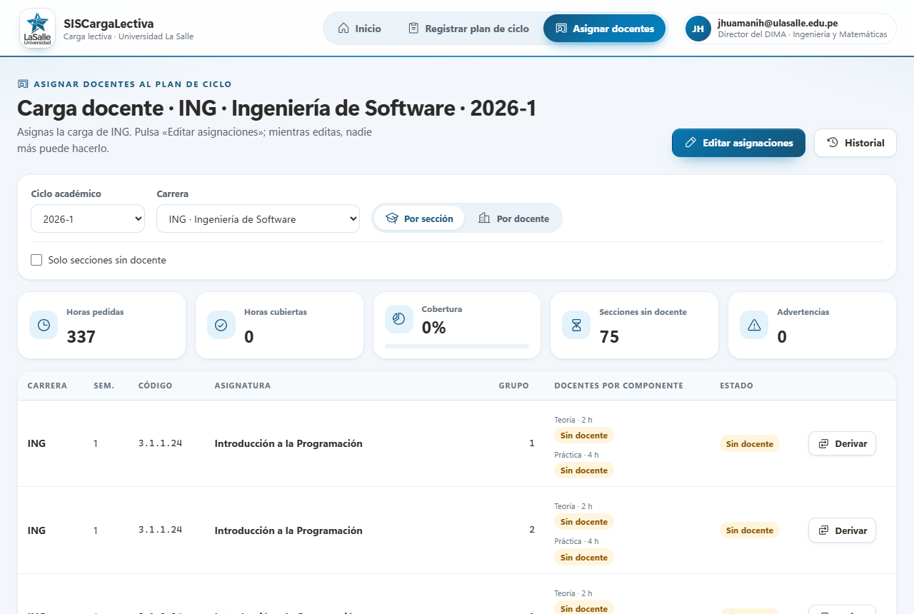 Pantalla de asignación docente de ING