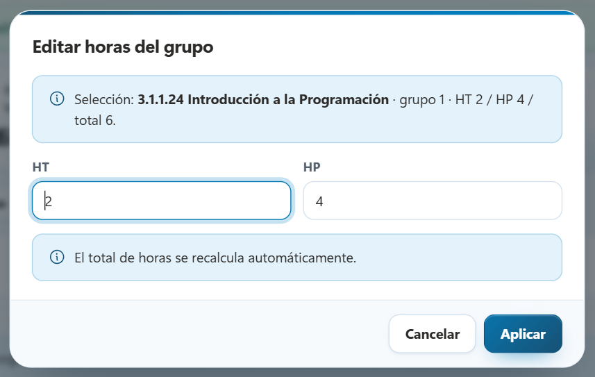 Diálogo Editar horas del grupo