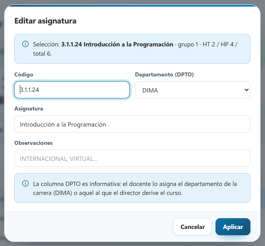 Diálogo Editar asignatura
