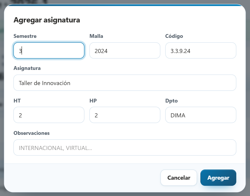 Diálogo Agregar asignatura