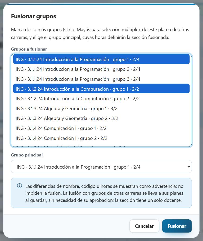 Diálogo Fusionar grupos con dos grupos marcados