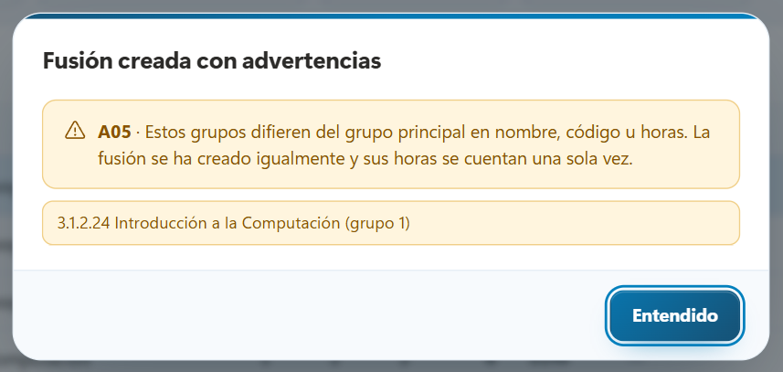 Diálogo Fusión creada con advertencias A05