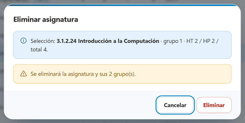Diálogo Eliminar asignatura