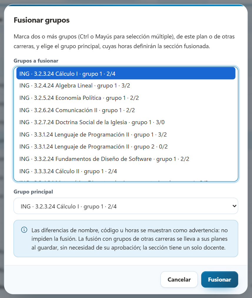 Diálogo Fusionar grupos con un grupo de ING como principal