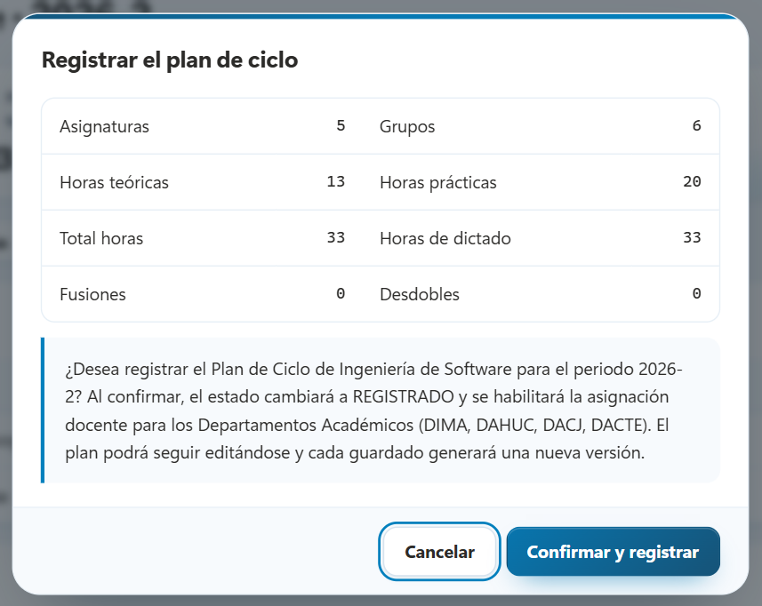 Diálogo Registrar el plan de ciclo con el resumen