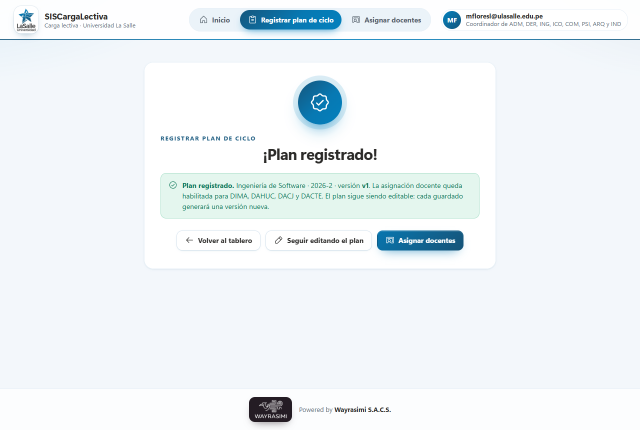 Pantalla Plan registrado