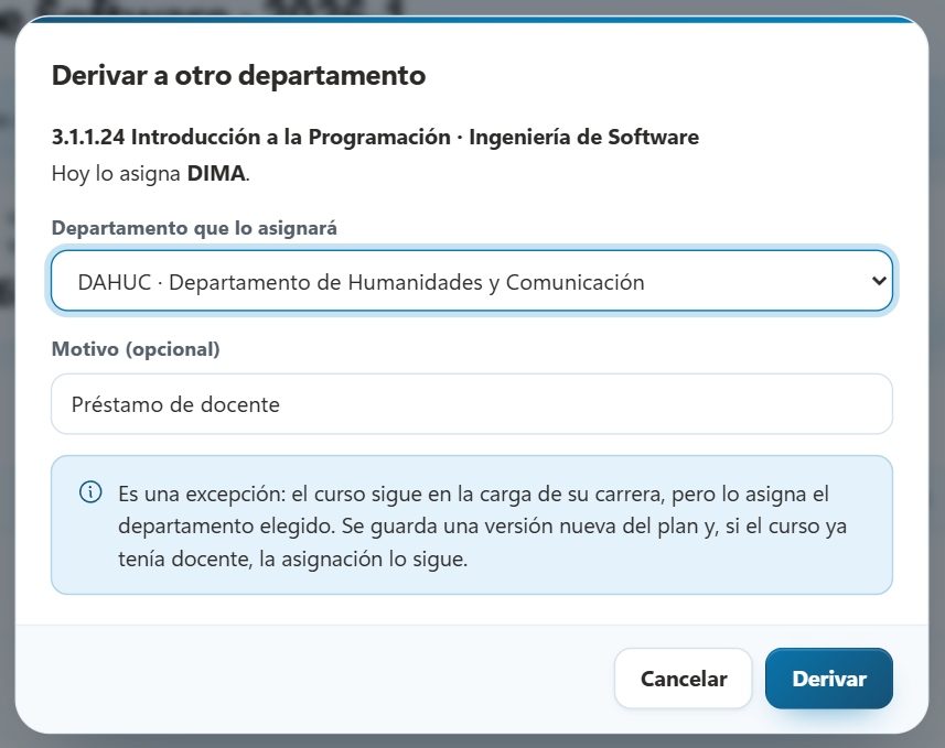 Diálogo Derivar a otro departamento